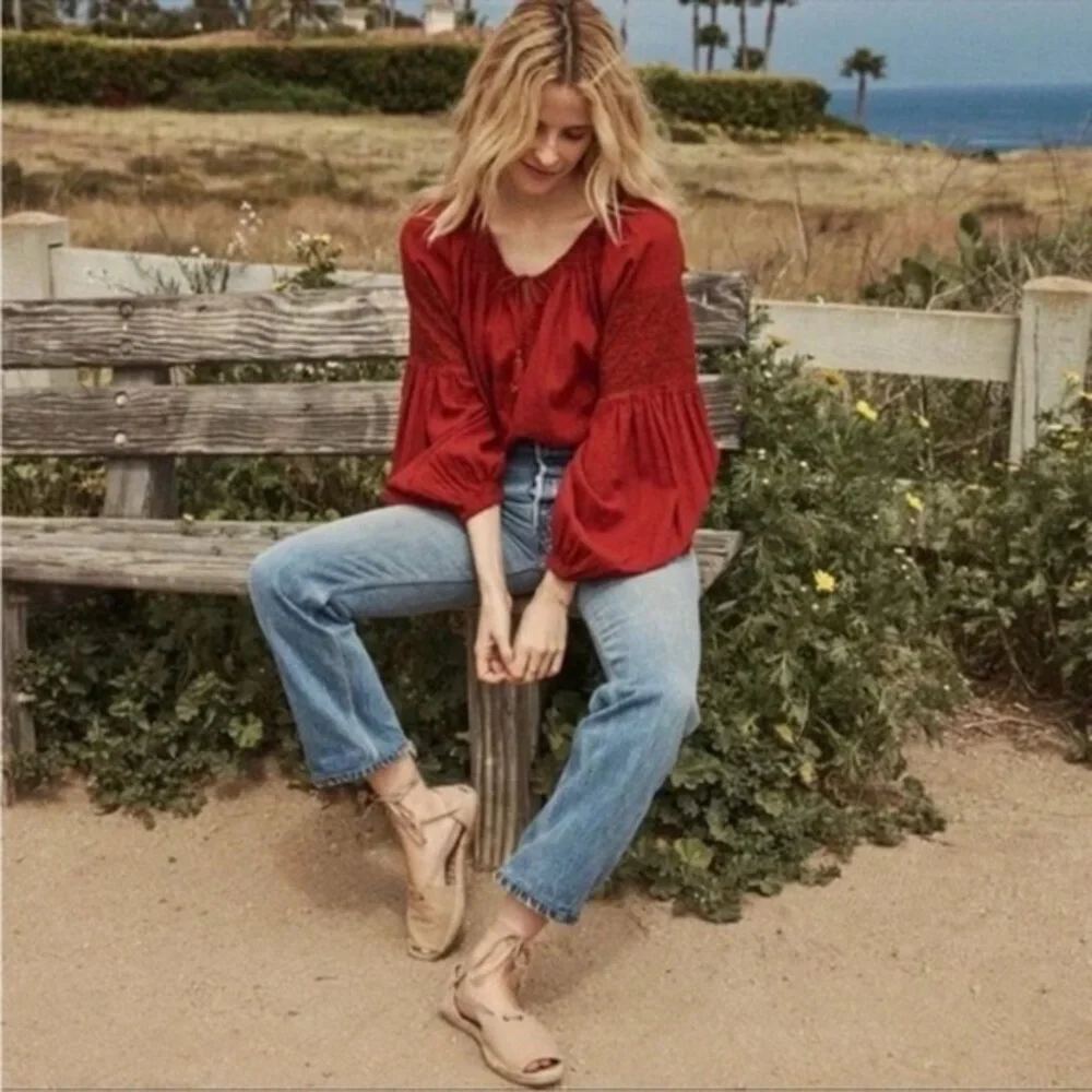 DOEN Source Embroidered Floral Blouse Relaxed Peasant Long Sleeve Top Rust Red